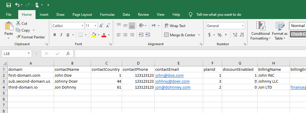 Screenshot of example excel file